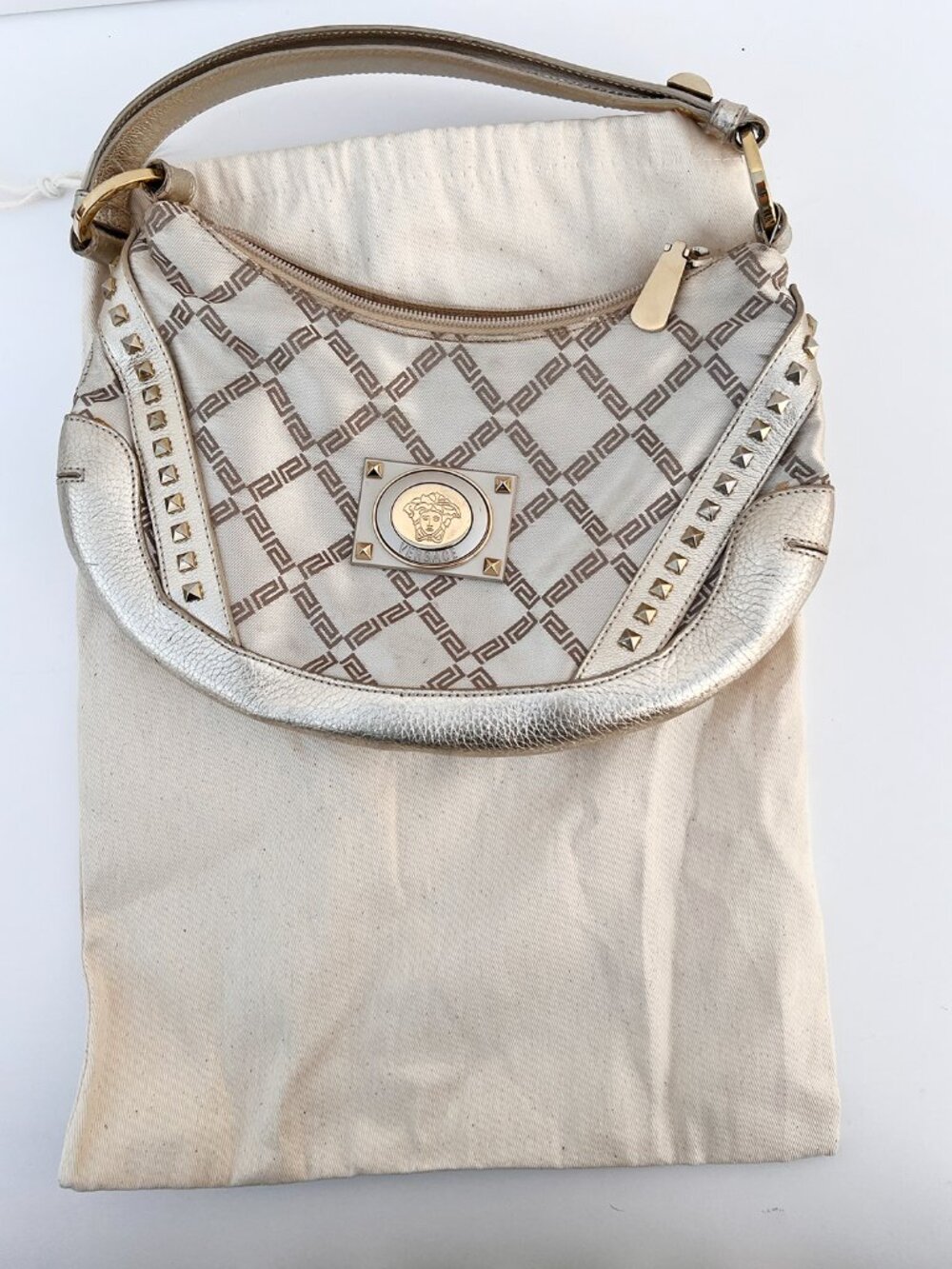 VERSACE Silver Metallic Leather Jacquard Medusa Studded Hobo Shoulder Bag - Picture 6 of 14